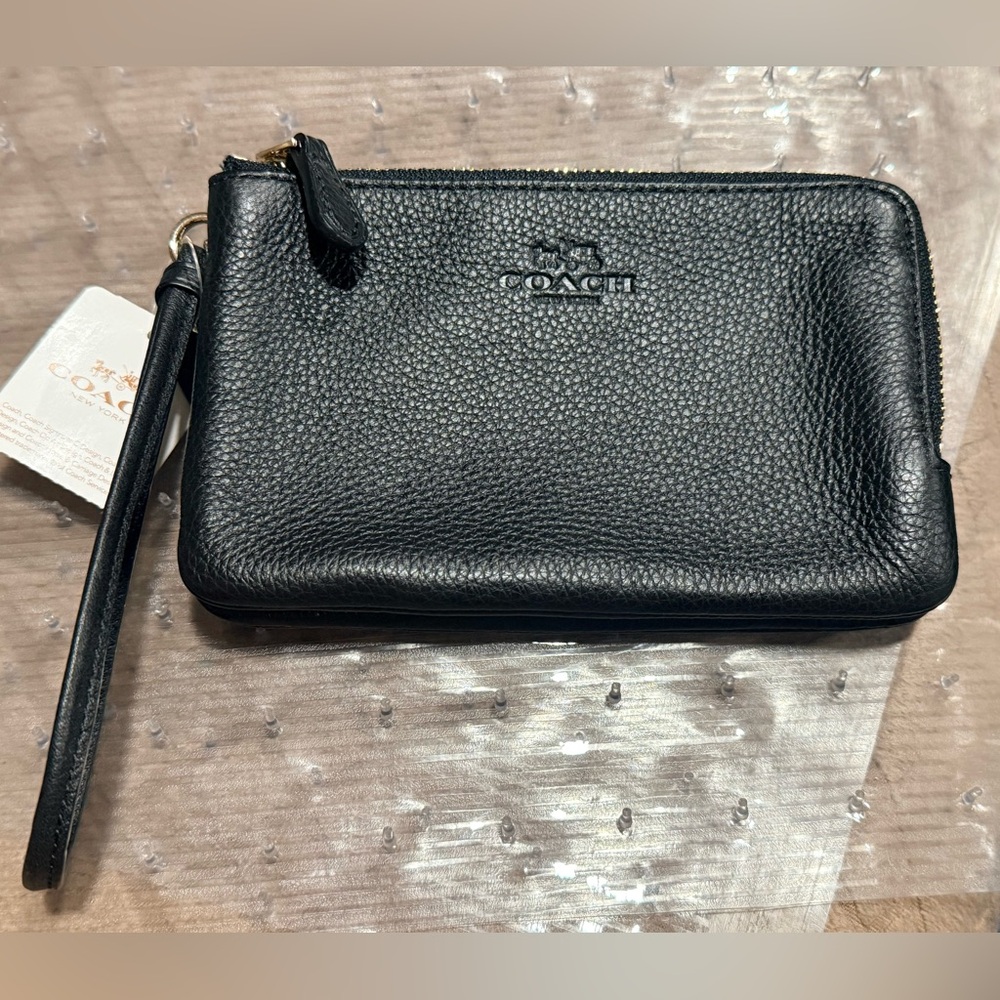 Coach Pebbled Black Leather double zipped Wristlet